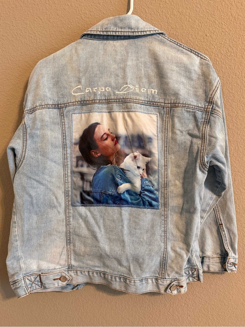 Light Wash Denim Jacket with Back Graphic - "Carpe Diem"